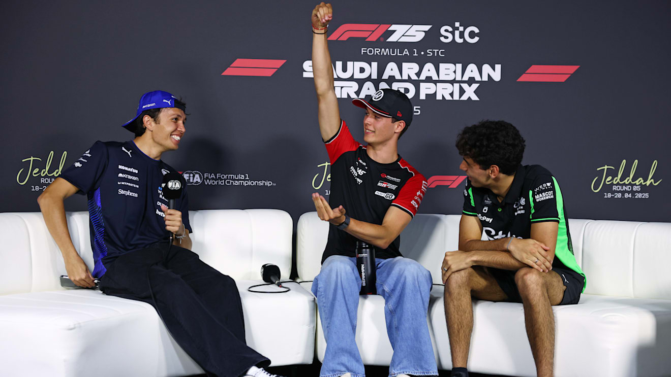 JEDDAH, SAUDI ARABIA - APRIL 17: Alexander Albon of Thailand and Williams, Oliver Bearman of Great Britain and Haas F1 and Gabriel Bortoleto of Brazil and Stake F1 Team Kick Sauber talk in the Drivers Press Conference during previews ahead of the F1 Grand Prix of Saudi Arabia at Jeddah Corniche Circuit on April 17, 2025 in Jeddah, Saudi Arabia. (Photo by Clive Rose/Getty Images)