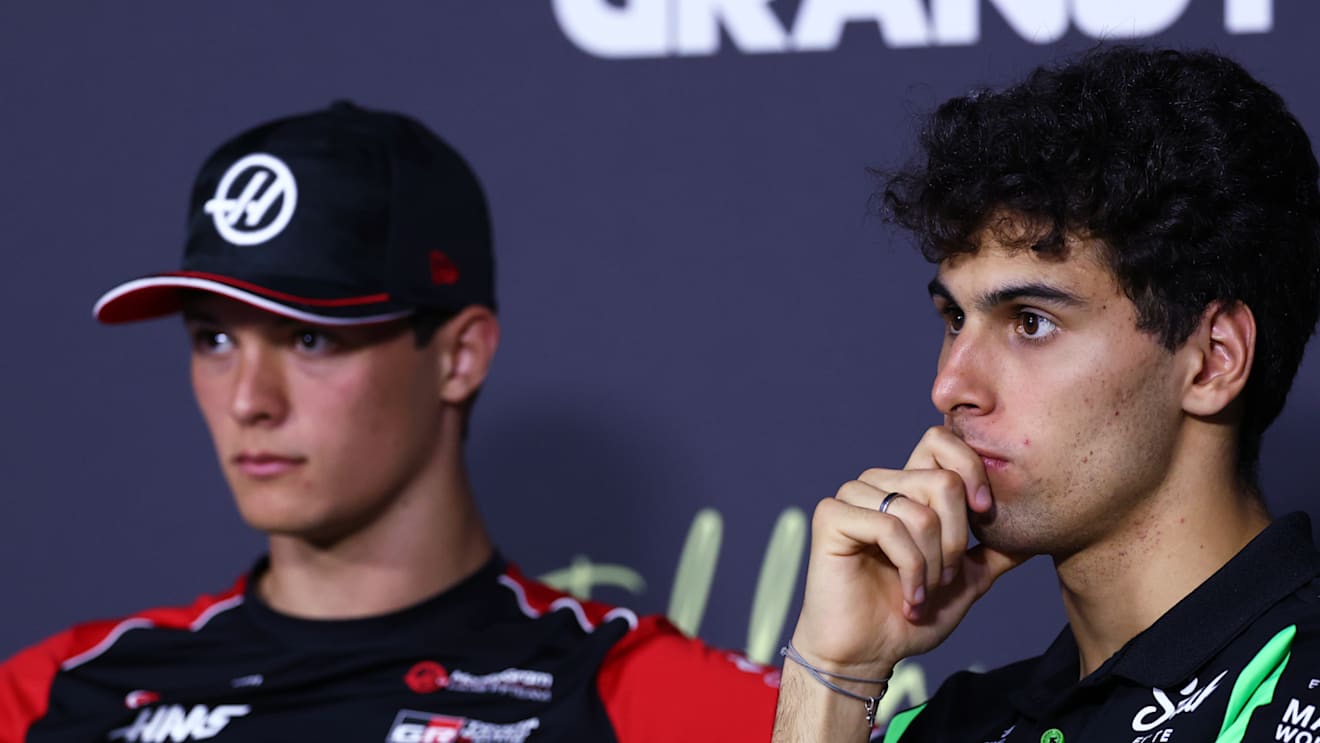 JEDDAH, SAUDI ARABIA - APRIL 17: Oliver Bearman of Great Britain and Haas F1 and Gabriel Bortoleto of Brazil and Stake F1 Team Kick Sauber look on during the Drivers Press Conference during previews ahead of the F1 Grand Prix of Saudi Arabia at Jeddah Corniche Circuit on April 17, 2025 in Jeddah, Saudi Arabia. (Photo by Clive Rose/Getty Images)