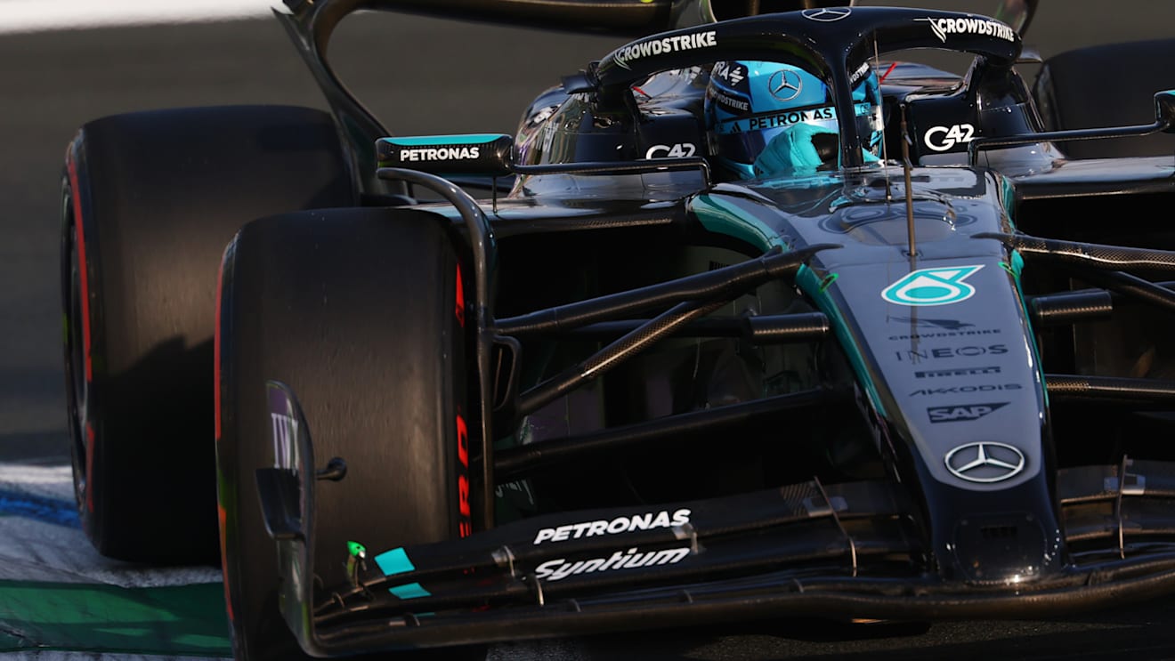 JEDDAH, SAUDI ARABIA - APRIL 19: George Russell of Great Britain driving the (63) Mercedes AMG Petronas F1 Team W16 on track during final practice ahead of the F1 Grand Prix of Saudi Arabia at Jeddah Corniche Circuit on April 19, 2025 in Jeddah, Saudi Arabia. (Photo by Clive Rose - Formula 1/Formula 1 via Getty Images)