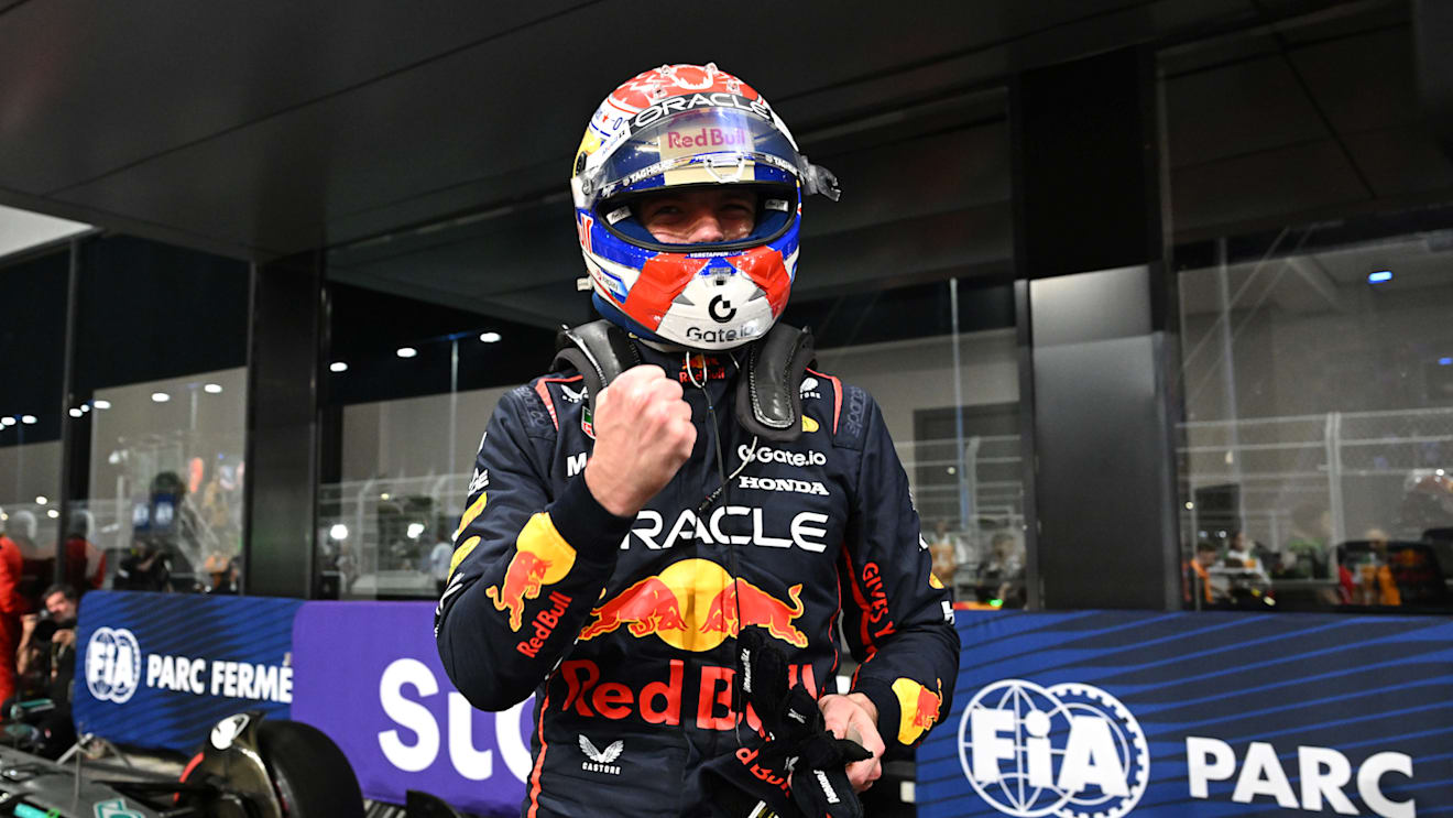JEDDAH, SAUDI ARABIA - APRIL 19: Pole position qualifier Max Verstappen of the Netherlands and Oracle Red Bull Racing celebrates in parc ferme  during qualifying ahead of the F1 Grand Prix of Saudi Arabia at Jeddah Corniche Circuit on April 19, 2025 in Jeddah, Saudi Arabia. (Photo by Mark Sutton - Formula 1/Formula 1 via Getty Images)