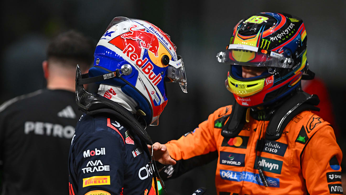 JEDDAH, SAUDI ARABIA - APRIL 19: Pole position qualifier Max Verstappen of the Netherlands and Oracle Red Bull Racing and Second placed qualifier Oscar Piastri of Australia and McLaren celebrate in parc ferme during qualifying ahead of the F1 Grand Prix of Saudi Arabia at Jeddah Corniche Circuit on April 19, 2025 in Jeddah, Saudi Arabia. (Photo by Rudy Carezzevoli/Getty Images)