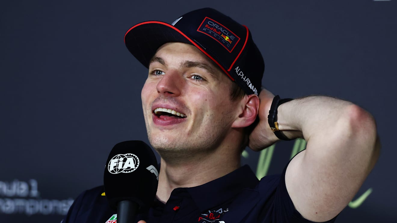 JEDDAH, SAUDI ARABIA - APRIL 19: Pole position qualifier Max Verstappen of the Netherlands and Oracle Red Bull Racing in the Drivers Press Conference during qualifying ahead of the F1 Grand Prix of Saudi Arabia at Jeddah Corniche Circuit on April 19, 2025 in Jeddah, Saudi Arabia. (Photo by Clive Rose/Getty Images)