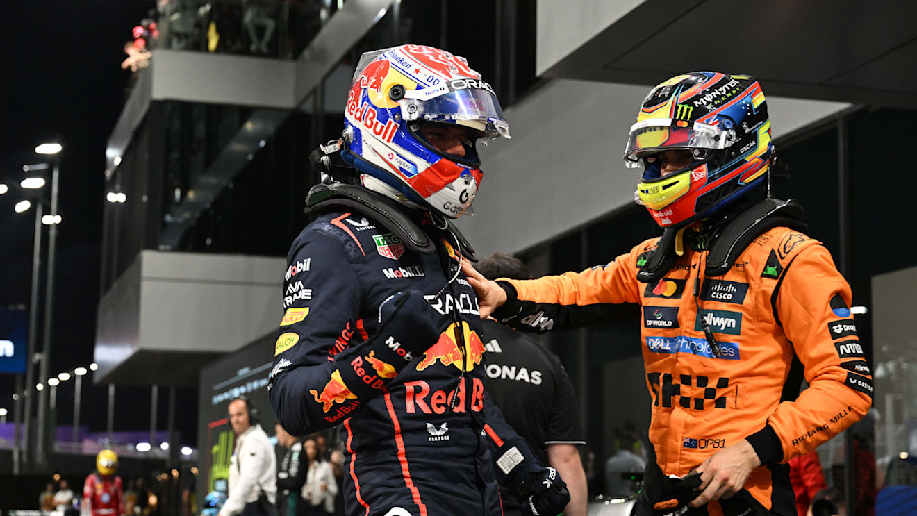 JEDDAH, SAUDI ARABIA - APRIL 19: Pole position qualifier Max Verstappen of the Netherlands and Oracle Red Bull Racing and Second placed qualifier Oscar Piastri of Australia and McLaren celebrates in parc ferme during qualifying ahead of the F1 Grand Prix of Saudi Arabia at Jeddah Corniche Circuit on April 19, 2025 in Jeddah, Saudi Arabia. (Photo by Mark Sutton - Formula 1/Formula 1 via Getty Images)