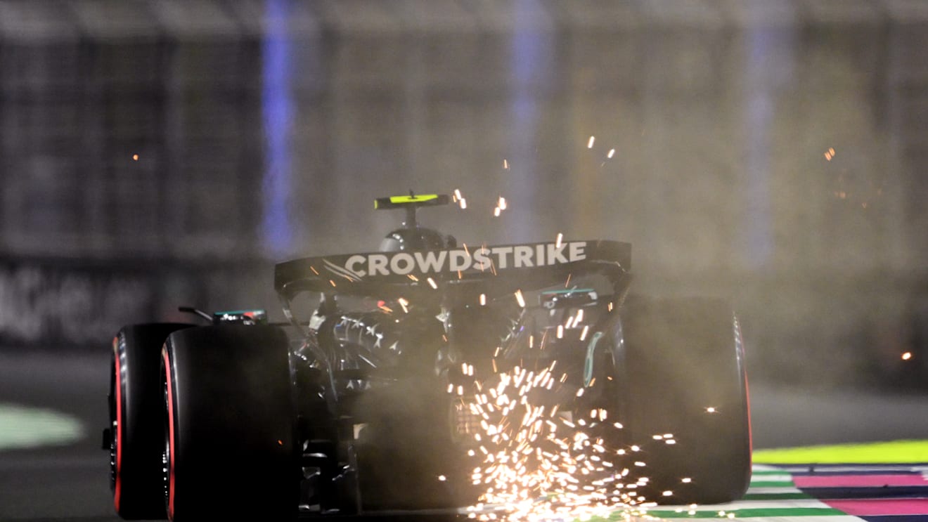 JEDDAH, SAUDI ARABIA - APRIL 19: Sparks fly behind Andrea Kimi Antonelli of Italy driving the (12) Mercedes AMG Petronas F1 Team W16 on track during qualifying ahead of the F1 Grand Prix of Saudi Arabia at Jeddah Corniche Circuit on April 19, 2025 in Jeddah, Saudi Arabia. (Photo by Clive Mason/Getty Images)