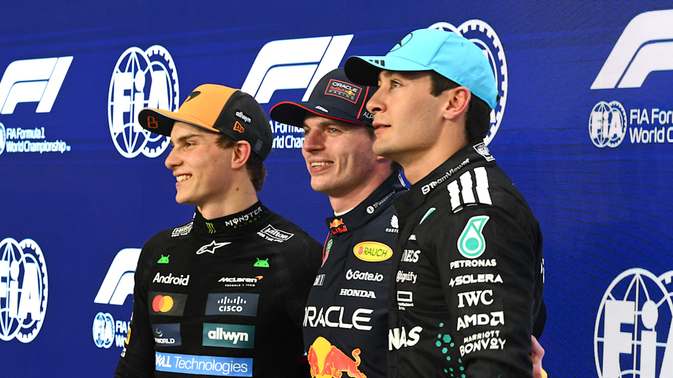 JEDDAH, SAUDI ARABIA - APRIL 19: Pole position qualifier Max Verstappen of the Netherlands and Oracle Red Bull Racing Second placed qualifier Oscar Piastri of Australia and McLaren and Third placed qualifier George Russell of Great Britain and Mercedes AMG Petronas F1 Team during qualifying ahead of the F1 Grand Prix of Saudi Arabia at Jeddah Corniche Circuit on April 19, 2025 in Jeddah, Saudi Arabia. (Photo by Mark Sutton - Formula 1/Formula 1 via Getty Images)