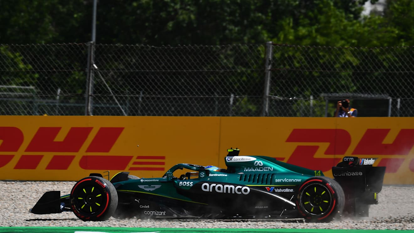 BARCELONA, SPAIN - JUNE 01: Fernando Alonso of Spain driving the (14) Aston Martin F1 Team AMR25 Mercedes in the gravel during the F1 Grand Prix of Spain at Circuit de Barcelona-Catalunya on June 01, 2025 in Barcelona, Spain. (Photo by James Sutton - Formula 1/Formula 1 via Getty Images)