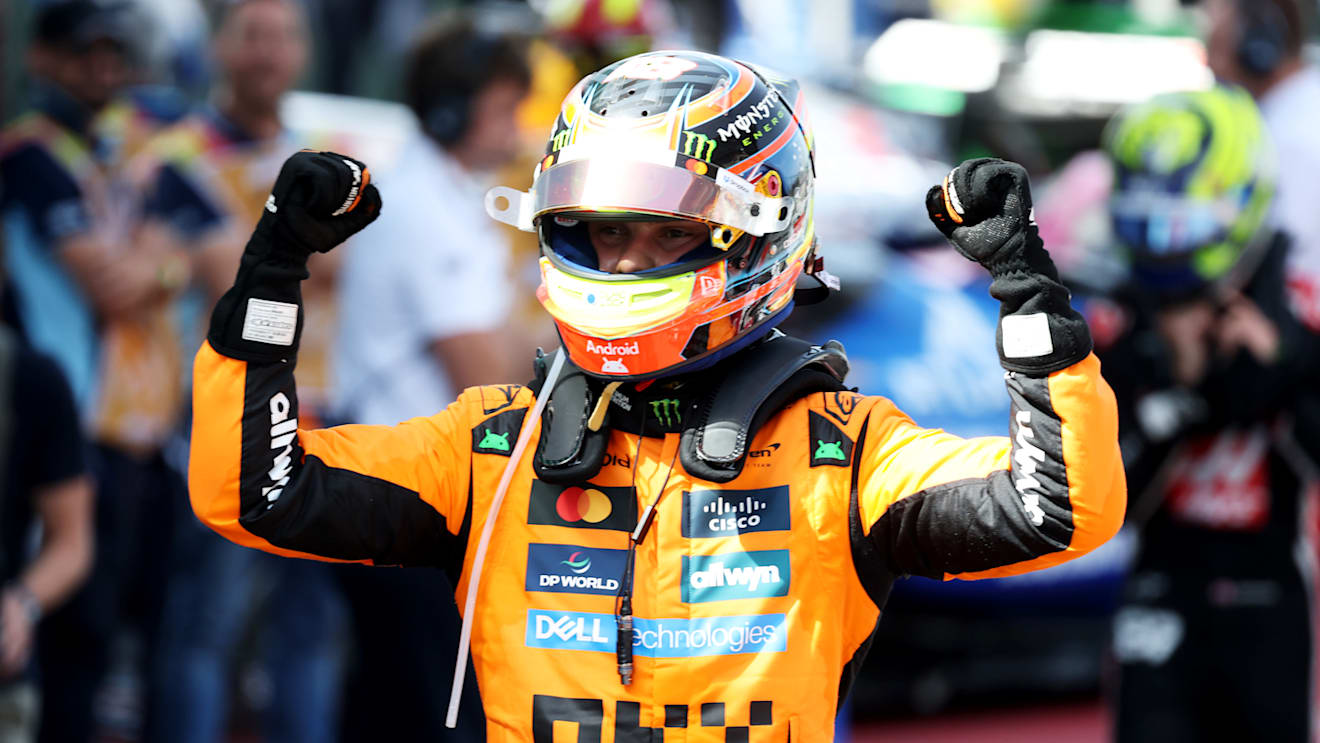 BARCELONA, SPAIN - JUNE 01: Race winner Oscar Piastri of Australia and McLaren celebrates on arrival in parc ferme during the F1 Grand Prix of Spain at Circuit de Barcelona-Catalunya on June 01, 2025 in Barcelona, Spain. (Photo by Mark Thompson/Getty Images)