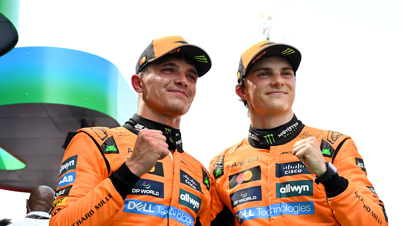 BARCELONA, SPAIN - JUNE 01: Race winner Oscar Piastri of Australia and McLaren and Second placed Lando Norris of Great Britain and McLaren celebrate in parc ferme during the F1 Grand Prix of Spain at Circuit de Barcelona-Catalunya on June 01, 2025 in Barcelona, Spain. (Photo by Mark Sutton - Formula 1/Formula 1 via Getty Images)