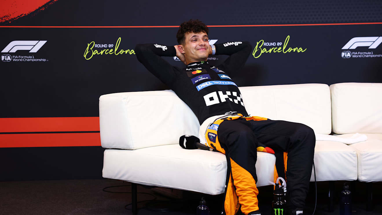 BARCELONA, SPAIN - JUNE 01: Second placed Lando Norris of Great Britain and McLaren in the Drivers Press Conference during the F1 Grand Prix of Spain at Circuit de Barcelona-Catalunya on June 01, 2025 in Barcelona, Spain. (Photo by Clive Rose/Getty Images)