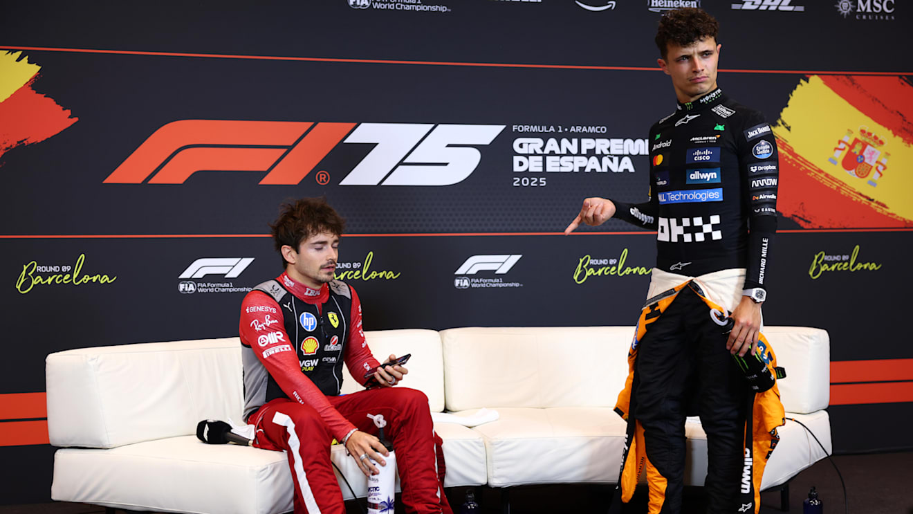 BARCELONA, SPAIN - JUNE 01: Second placed Lando Norris of Great Britain and McLaren and Third placed Charles Leclerc of Monaco and Scuderia Ferrari in the Drivers Press Conference during the F1 Grand Prix of Spain at Circuit de Barcelona-Catalunya on June 01, 2025 in Barcelona, Spain. (Photo by Clive Rose/Getty Images)