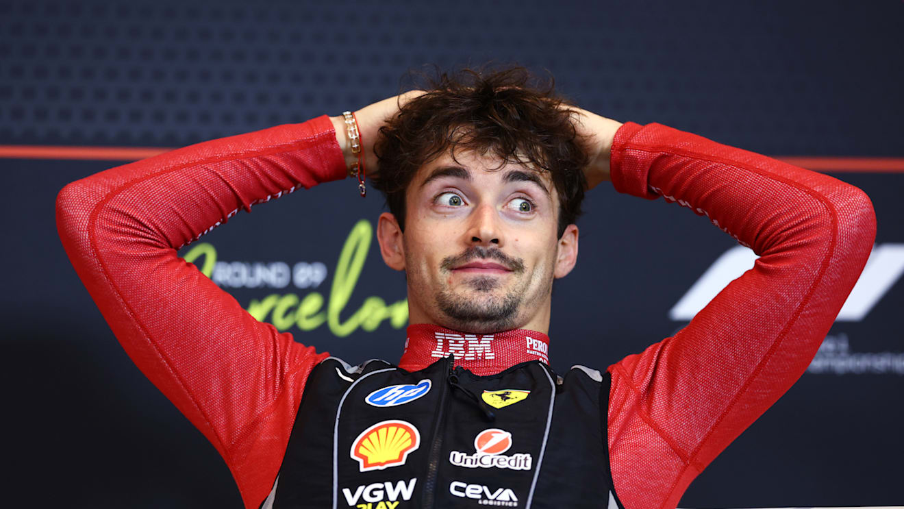 BARCELONA, SPAIN - JUNE 01: Third placed Charles Leclerc of Monaco and Scuderia Ferrari in the Drivers Press Conference during the F1 Grand Prix of Spain at Circuit de Barcelona-Catalunya on June 01, 2025 in Barcelona, Spain. (Photo by Clive Rose/Getty Images)