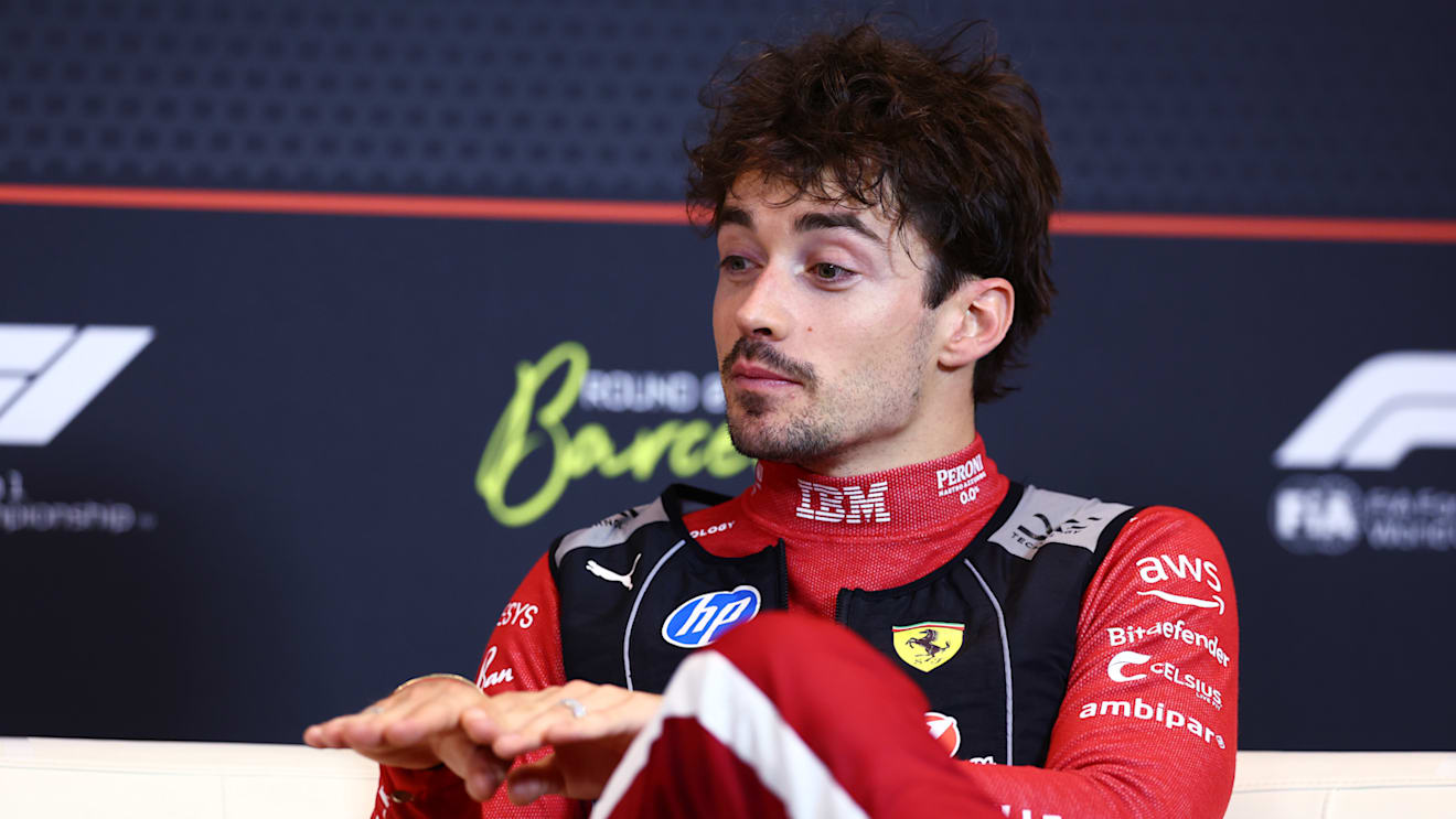 BARCELONA, SPAIN - JUNE 01: Third placed Charles Leclerc of Monaco and Scuderia Ferrari in the Drivers Press Conference during the F1 Grand Prix of Spain at Circuit de Barcelona-Catalunya on June 01, 2025 in Barcelona, Spain. (Photo by Clive Rose/Getty Images)