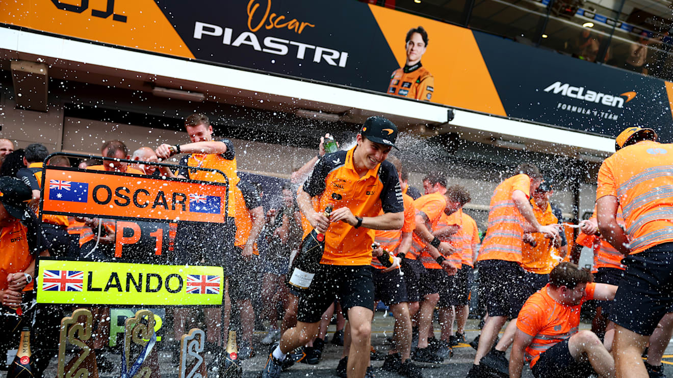 BARCELONA, SPAIN - JUNE 01: Race winner Oscar Piastri of Australia and McLaren celebrates with his team during the F1 Grand Prix of Spain at Circuit de Barcelona-Catalunya on June 01, 2025 in Barcelona, Spain. (Photo by Clive Rose - Formula 1/Formula 1 via Getty Images)