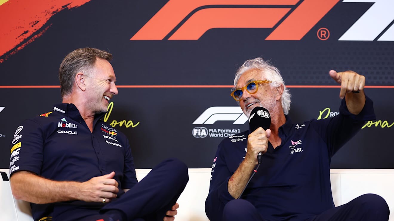 BARCELONA, SPAIN - MAY 30: Christian Horner, Team Principal of Oracle Red Bull Racing and Flavio Briatore, Executive Advisor of Alpine F1 in the Team Principals Press Conference during practice ahead of the F1 Grand Prix of Spain at Circuit de Barcelona-Catalunya on May 30, 2025 in Barcelona, Spain. (Photo by Clive Rose/Getty Images)