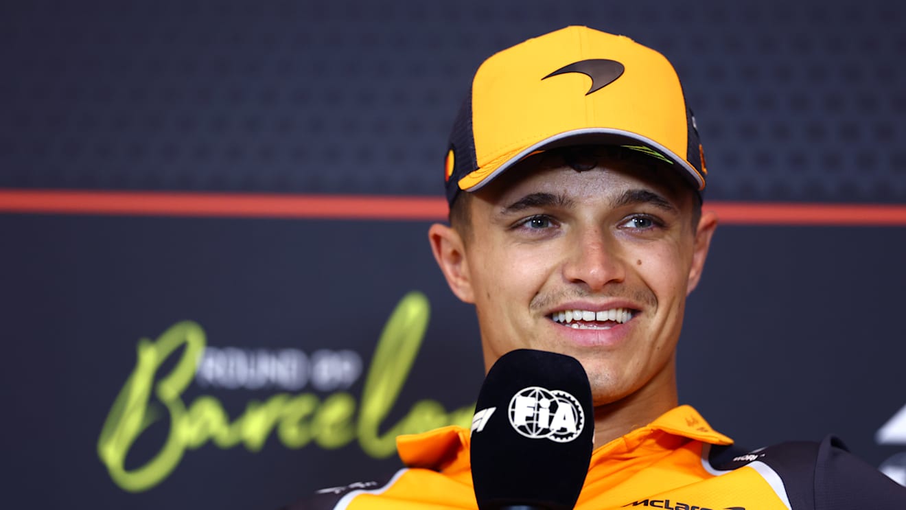 BARCELONA, SPAIN - MAY 29: Lando Norris of Great Britain and McLaren speaks in the Drivers Press Conference during previews ahead of the F1 Grand Prix of Spain at Circuit de Barcelona-Catalunya on May 29, 2025 in Barcelona, Spain. (Photo by Clive Rose/Getty Images)