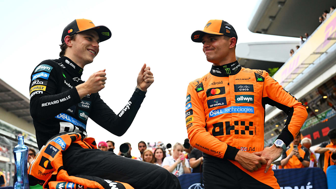 BARCELONA, SPAIN - MAY 31: Pole position qualifier Oscar Piastri of Australia and McLaren and Second placed qualifier Lando Norris of Great Britain and McLaren talk in parc ferme during qualifying ahead of the F1 Grand Prix of Spain at Circuit de Barcelona-Catalunya on May 31, 2025 in Barcelona, Spain. (Photo by Mark Sutton - Formula 1/Formula 1 via Getty Images)