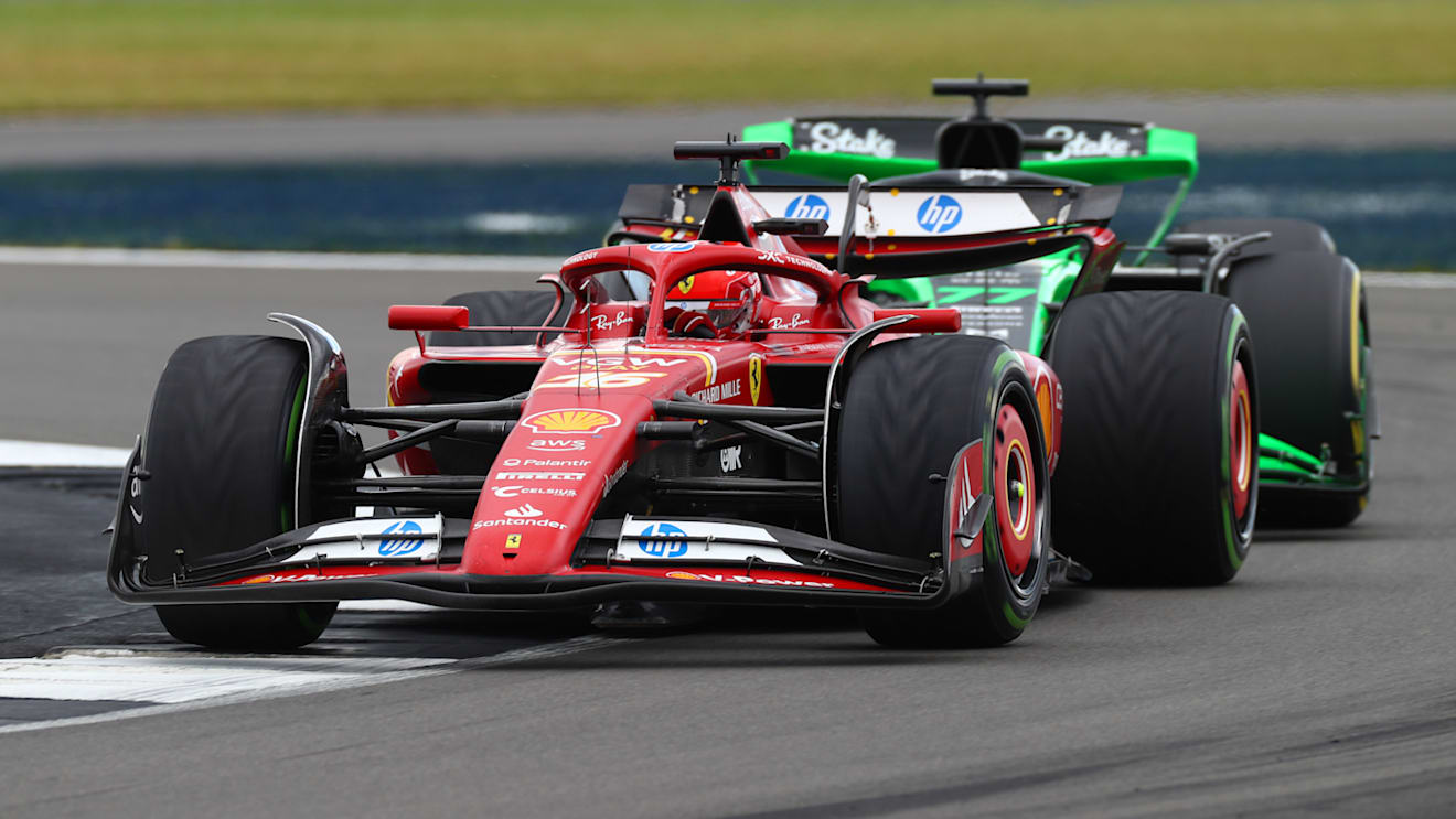 NORTHAMPTON, ENGLAND - JULY 07: Charles Leclerc of Monaco driving the (16) Ferrari SF-24 leads Valtteri Bottas of Finland driving the (77) Kick Sauber C44 Ferrari during the F1 Grand Prix of Great Britain at Silverstone Circuit on July 07, 2024 in Northampton, England. (Photo by Peter Fox - Formula 1/Formula 1 via Getty Images)