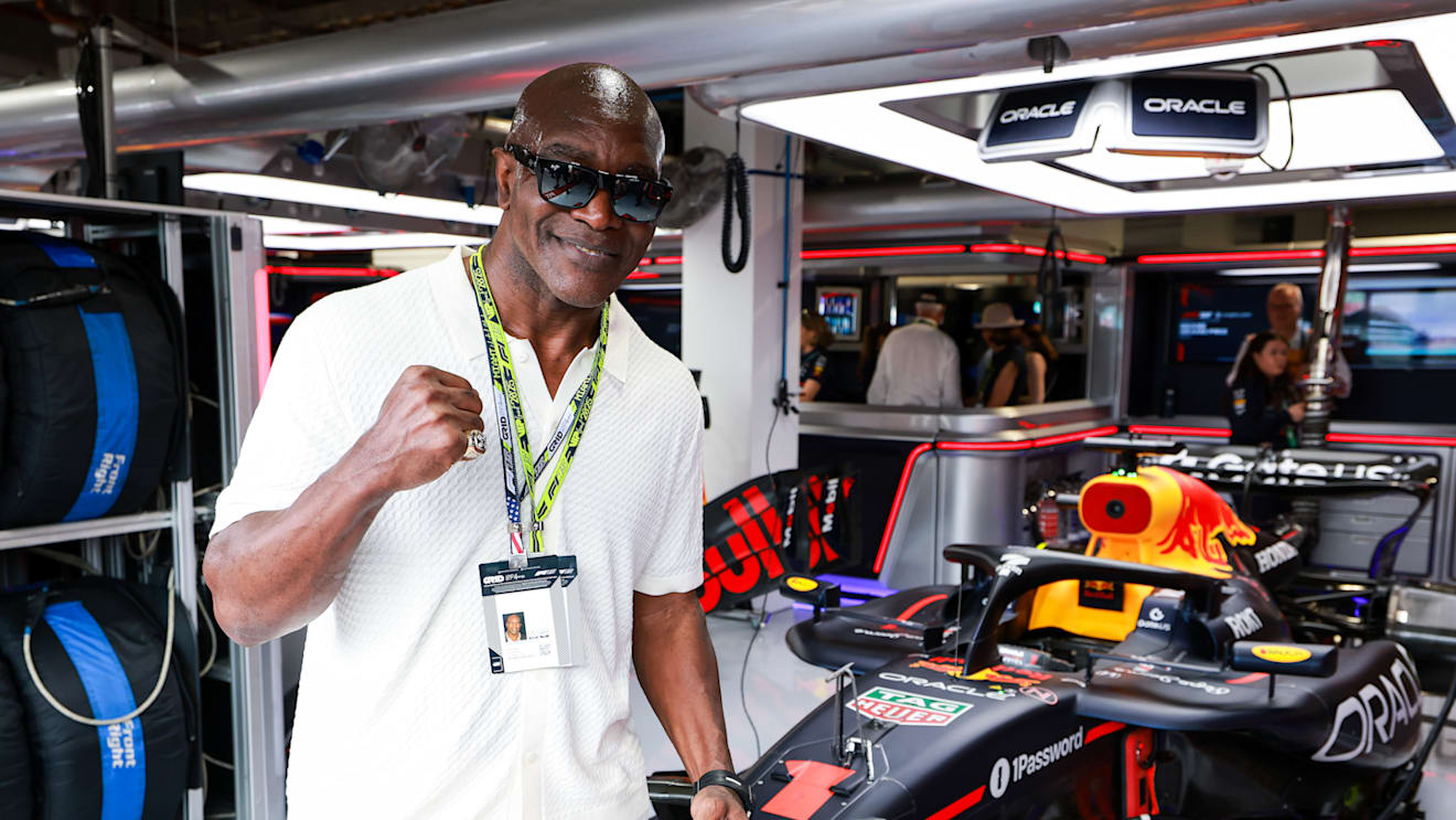 Former boxer Evander Holyfield in the Red Bull garage prior to the start of the Miami Grand Prix