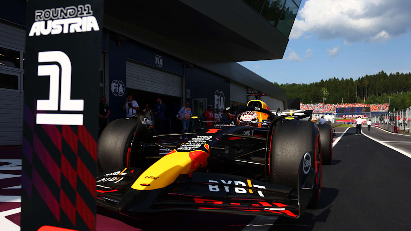 SPIELBERG, AUSTRIA - JUNE 29: Pole position qualifier Max Verstappen of the Netherlands and Oracle Red Bull Racing stops in parc ferme during qualifying ahead of the F1 Grand Prix of Austria at Red Bull Ring on June 29, 2024 in Spielberg, Austria. (Photo by Bryn Lennon - Formula 1/Formula 1 via Getty Images)