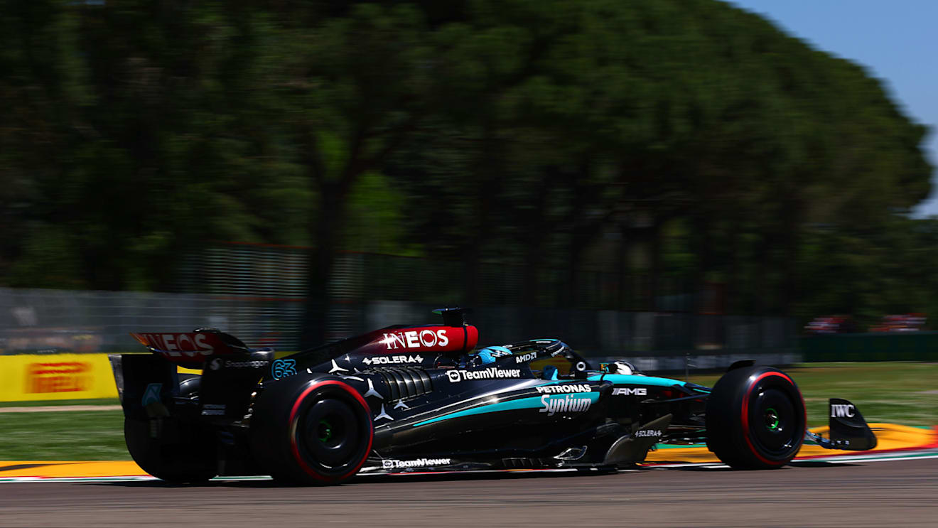 IMOLA, ITALY - MAY 18: George Russell of Great Britain driving the (63) Mercedes AMG Petronas F1 Team W15 on track during final practice ahead of the F1 Grand Prix of Emilia-Romagna at Autodromo Enzo e Dino Ferrari Circuit on May 18, 2024 in Imola, Italy. (Photo by Bryn Lennon - Formula 1/Formula 1 via Getty Images)