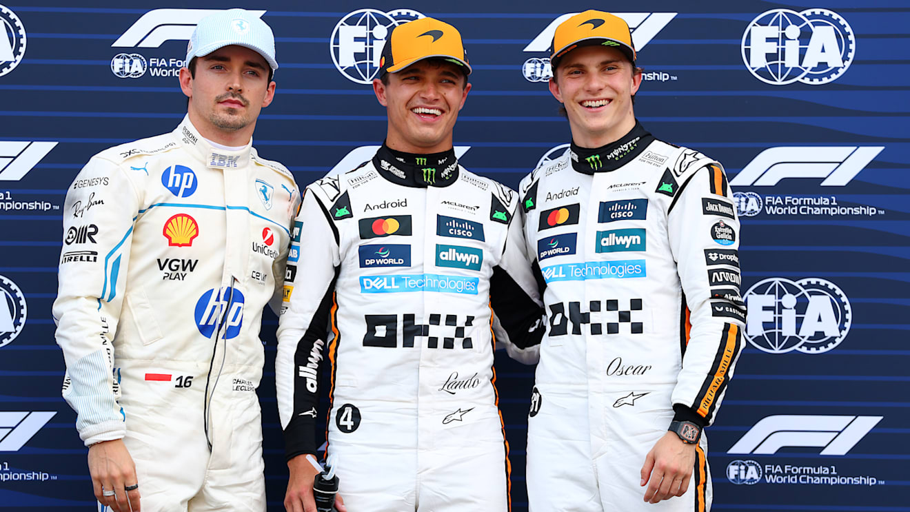 MONTE-CARLO, MONACO - MAY 24: Pole position qualifier Lando Norris of Great Britain and McLaren Second placed qualifier Charles Leclerc of Monaco and Scuderia Ferrari and Third placed qualifier Oscar Piastri of Australia and McLaren during qualifying ahead of the F1 Grand Prix of Monaco at Circuit de Monaco on May 24, 2025 in Monte-Carlo, Monaco (Photo by Bryn Lennon - Formula 1/Formula 1 via Getty Images)