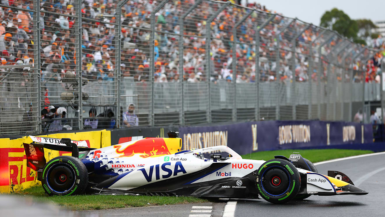 MELBOURNE, AUSTRALIA - MARCH 16: Isack Hadjar of France driving the (6) Visa Cash App Racing Bulls VCARB 02 crashes on the formation lap prior to the F1 Grand Prix of Australia at Albert Park Grand Prix Circuit on March 16, 2025 in Melbourne, Australia. (Photo by Bryn Lennon - Formula 1/Formula 1 via Getty Images)