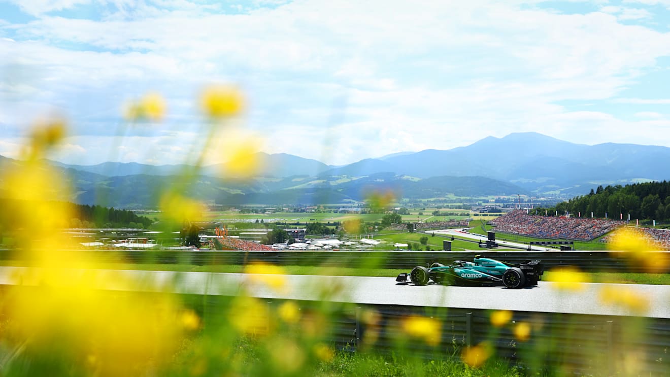 SPIELBERG, AUSTRIA - JUNE 28: Fernando Alonso of Spain driving the (14) Aston Martin AMR24 Mercedes on track during practice ahead of the F1 Grand Prix of Austria at Red Bull Ring on June 28, 2024 in Spielberg, Austria. (Photo by Clive Rose/Getty Images)