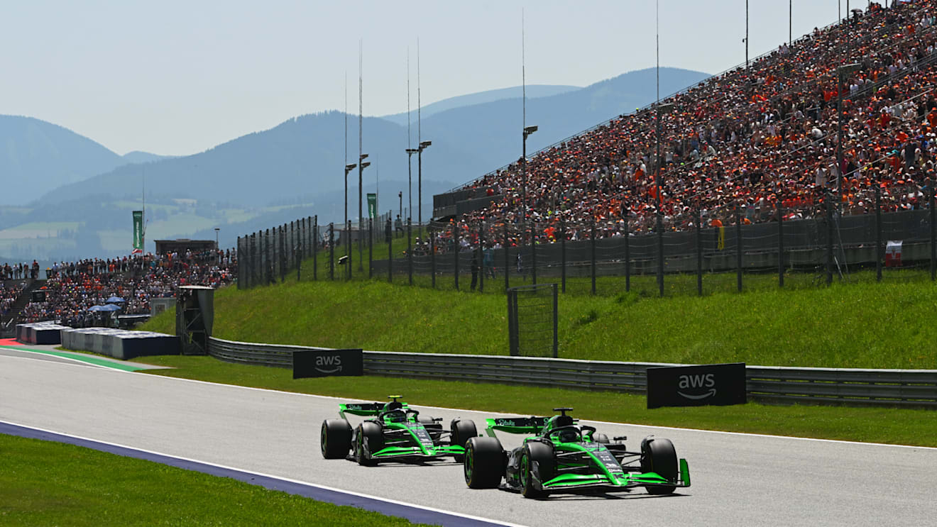 SPIELBERG, AUSTRIA - JUNE 29: Valtteri Bottas of Finland driving the (77) Kick Sauber C44 Ferrari leads Zhou Guanyu of China driving the (24) Kick Sauber C44 Ferrari during the Sprint ahead of the F1 Grand Prix of Austria at Red Bull Ring on June 29, 2024 in Spielberg, Austria. (Photo by Rudy Carezzevoli/Getty Images)