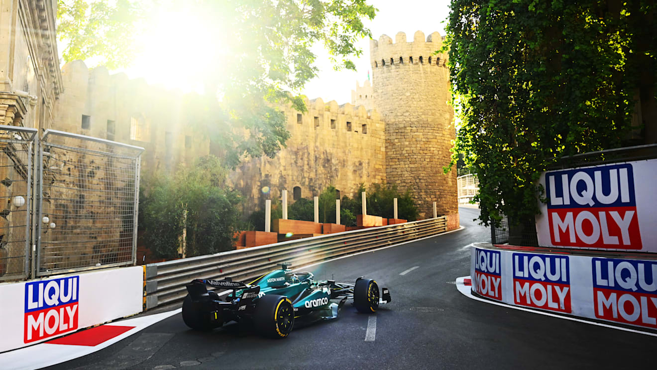 BAKU, AZERBAIJAN - SEPTEMBER 13: Lance Stroll of Canada driving the (18) Aston Martin AMR24 Mercedes on track during practice ahead of the F1 Grand Prix of Azerbaijan at Baku City Circuit on September 13, 2024 in Baku, Azerbaijan. (Photo by Clive Mason/Getty Images)