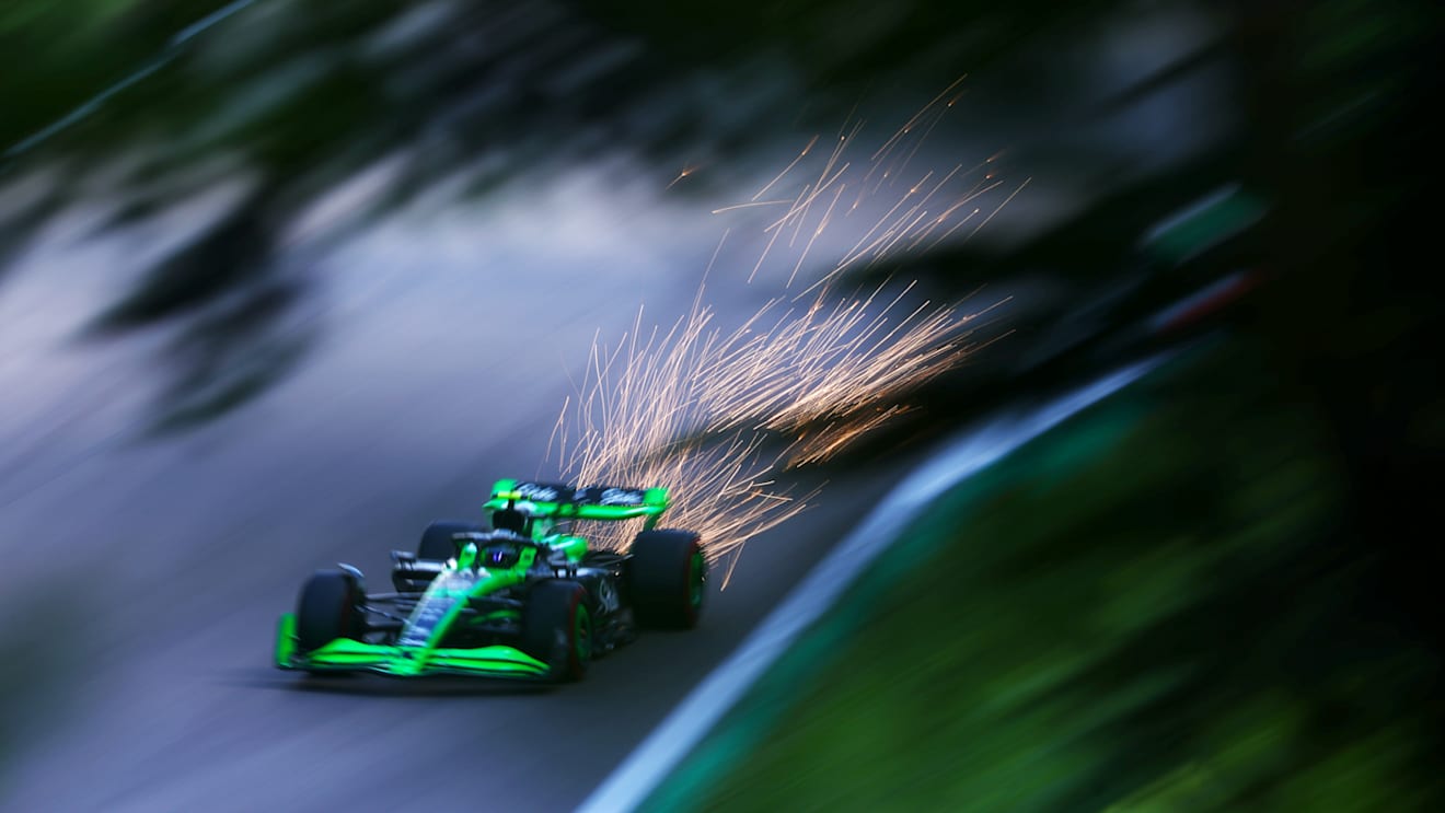 IMOLA, ITALY - MAY 17: Sparks fly behind Zhou Guanyu of China driving the (24) Kick Sauber C44 Ferrari during practice ahead of the F1 Grand Prix of Emilia-Romagna at Autodromo Enzo e Dino Ferrari Circuit on May 17, 2024 in Imola, Italy. (Photo by Lars Baron/Getty Images)