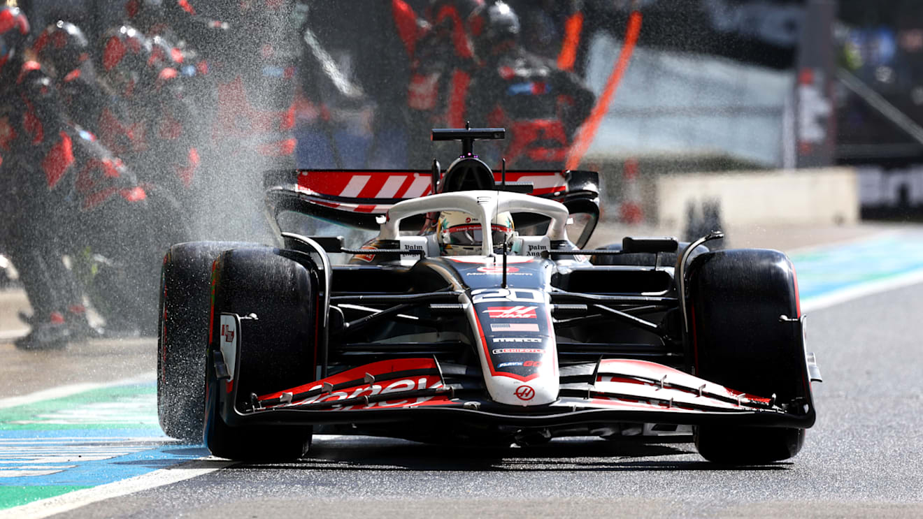 NORTHAMPTON, ENGLAND - JULY 07: Kevin Magnussen of Denmark driving the (20) Haas F1 VF-24 Ferrari makes a pitstop during the F1 Grand Prix of Great Britain at Silverstone Circuit on July 07, 2024 in Northampton, England. (Photo by Mark Thompson/Getty Images)