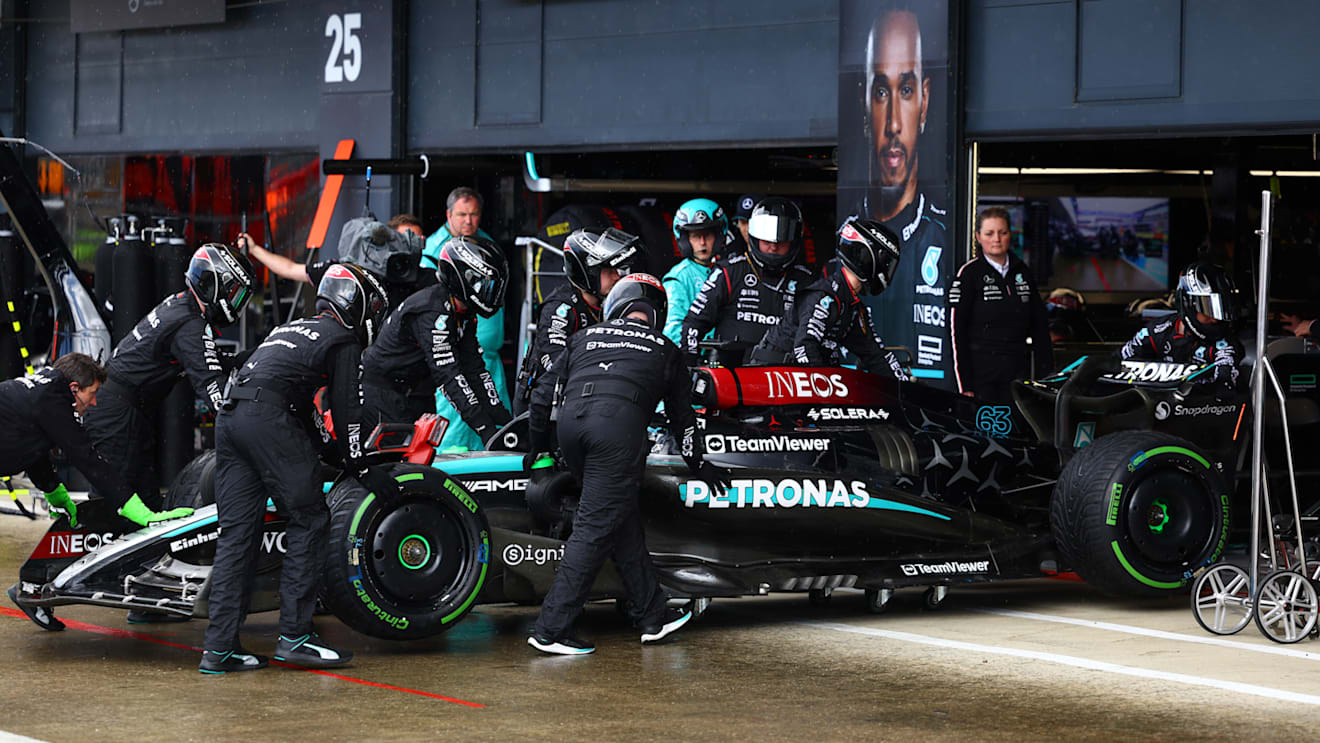 NORTHAMPTON, ENGLAND - JULY 07: George Russell of Great Britain and Mercedes retires from the race during the F1 Grand Prix of Great Britain at Silverstone Circuit on July 07, 2024 in Northampton, England. (Photo by Mark Thompson/Getty Images)