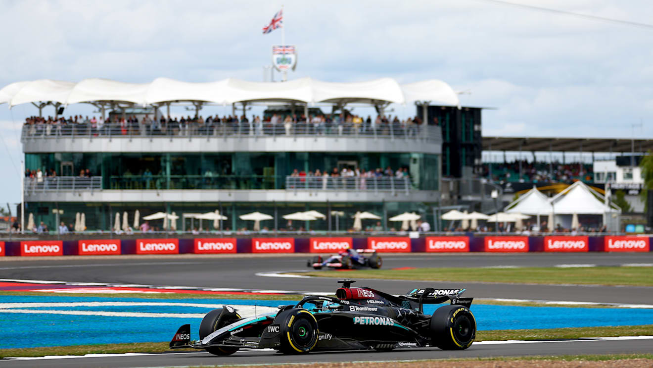 NORTHAMPTON, ENGLAND - JULY 05: George Russell of Great Britain driving the (63) Mercedes AMG Petronas F1 Team W15 on track during practice ahead of the F1 Grand Prix of Great Britain at Silverstone Circuit on July 05, 2024 in Northampton, England. (Photo by Bryn Lennon - Formula 1/Formula 1 via Getty Images)