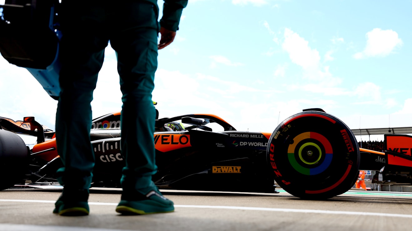 NORTHAMPTON, ENGLAND - JULY 06: Lando Norris of Great Britain driving the (4) McLaren MCL38 Mercedes in the Pitlane during qualifying ahead of the F1 Grand Prix of Great Britain at Silverstone Circuit on July 06, 2024 in Northampton, England. (Photo by Bryn Lennon - Formula 1/Formula 1 via Getty Images)