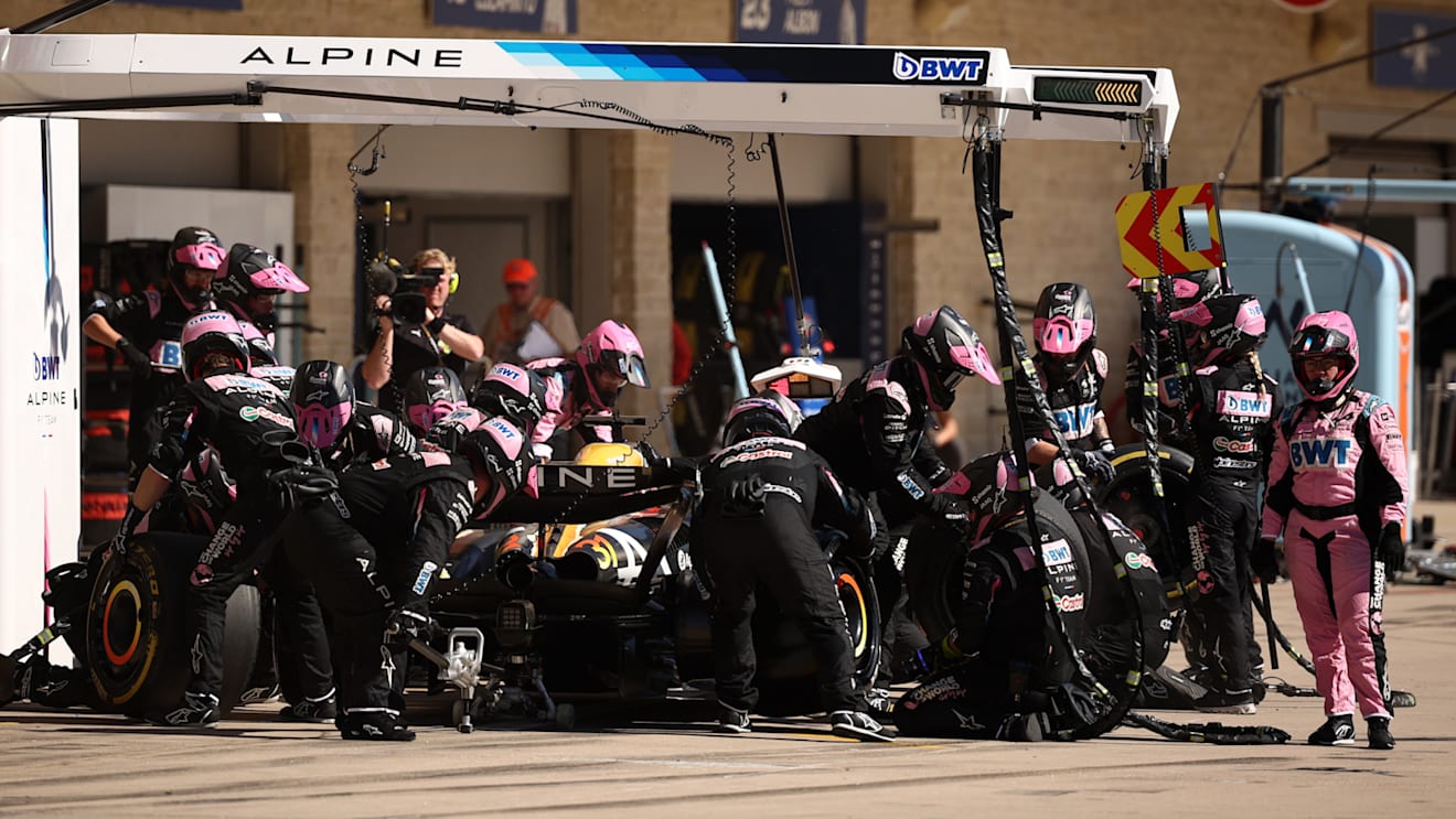 AUSTIN, TEXAS - OCTOBER 20: Esteban Ocon of France driving the (31) Alpine F1 A524 Renault makes a pit stop during the F1 Grand Prix of United States at Circuit of The Americas on October 20, 2024 in Austin, Texas. (Photo by Jared C. Tilton/Getty Images)