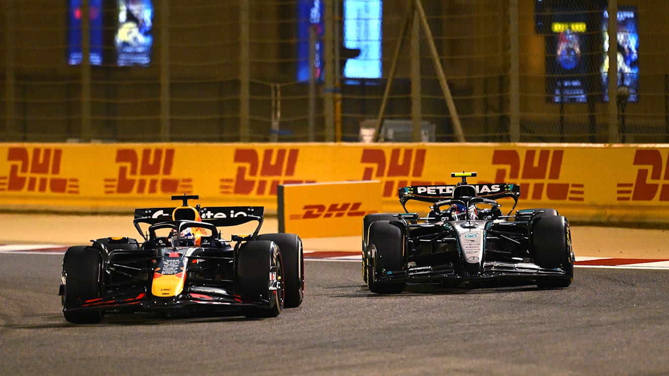 BAHRAIN, BAHRAIN - APRIL 13: Max Verstappen of the Netherlands driving the (1) Oracle Red Bull Racing RB21 leads Andrea Kimi Antonelli of Italy driving the (12) Mercedes AMG Petronas F1 Team W16 on track during the F1 Grand Prix of Bahrain at Bahrain International Circuit on April 13, 2025 in Bahrain, Bahrain. (Photo by Clive Mason/Getty Images)
