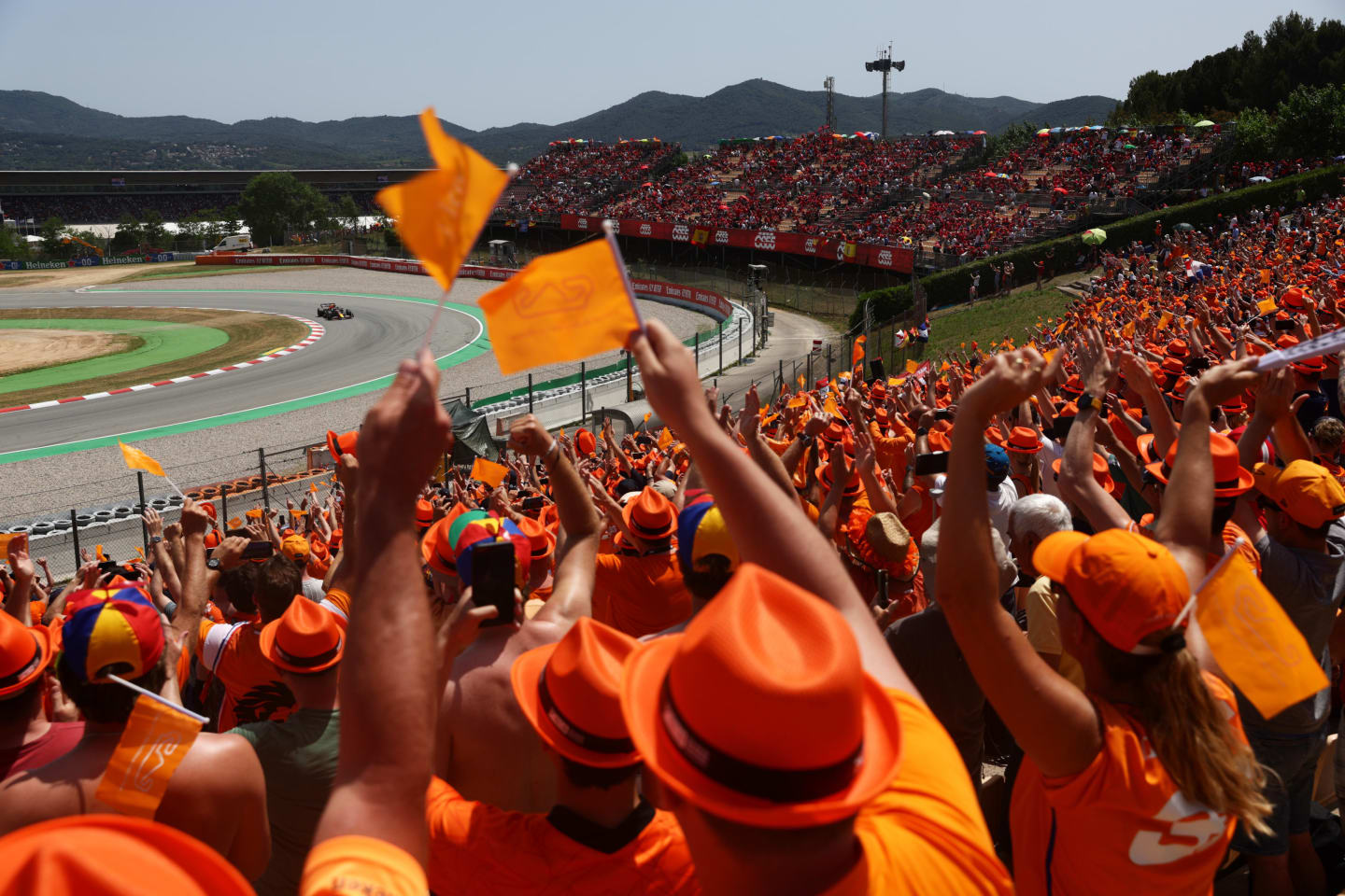 BARCELONA, SPAIN - MAY 22: Fans cheer as Max Verstappen of the Netherlands driving the (1) Oracle