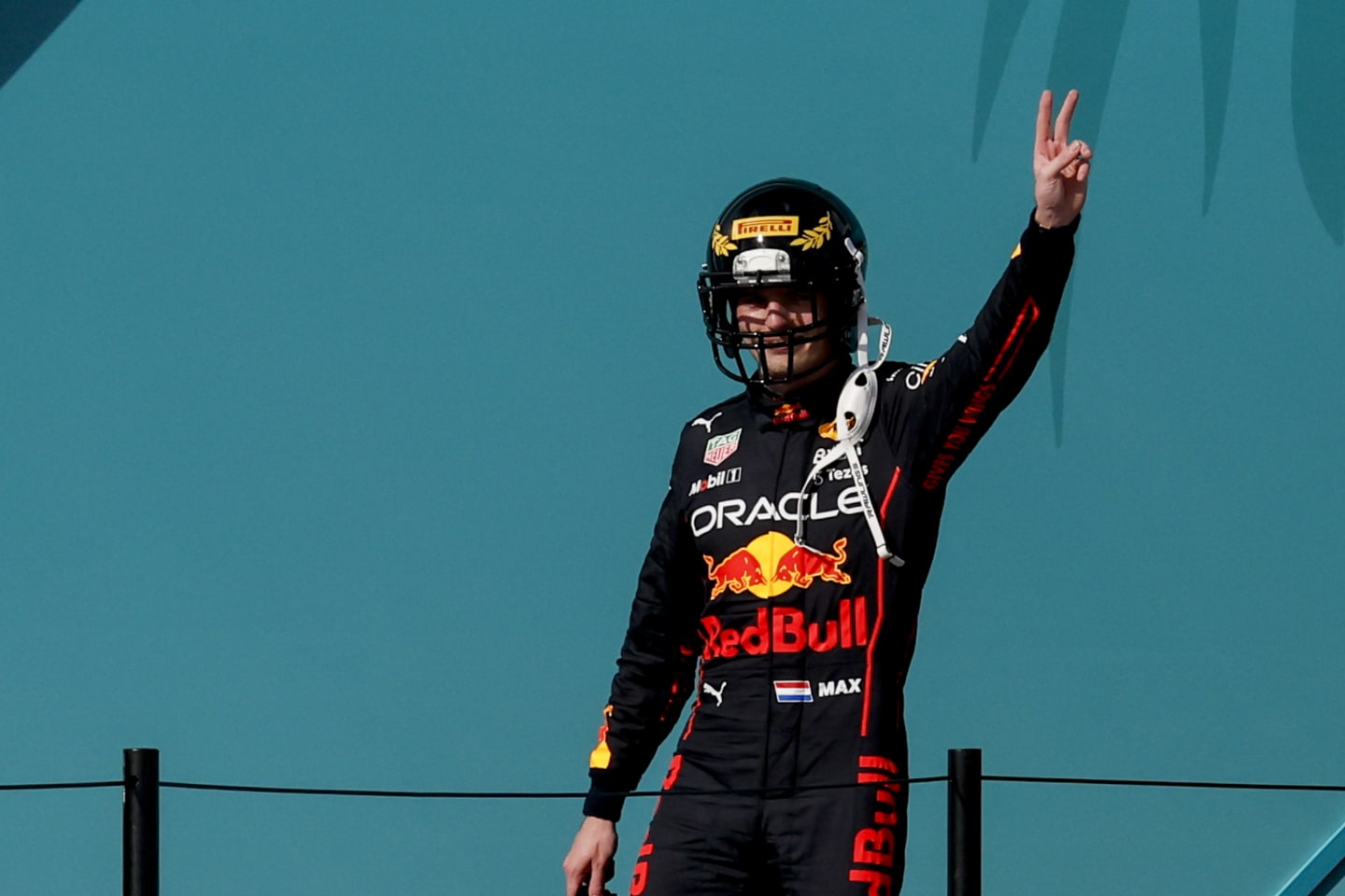 MIAMI GARDENS, FLORIDA - MAY 08: Belgian-Dutch driver Max Verstappen of Red Bull Racing celebrates