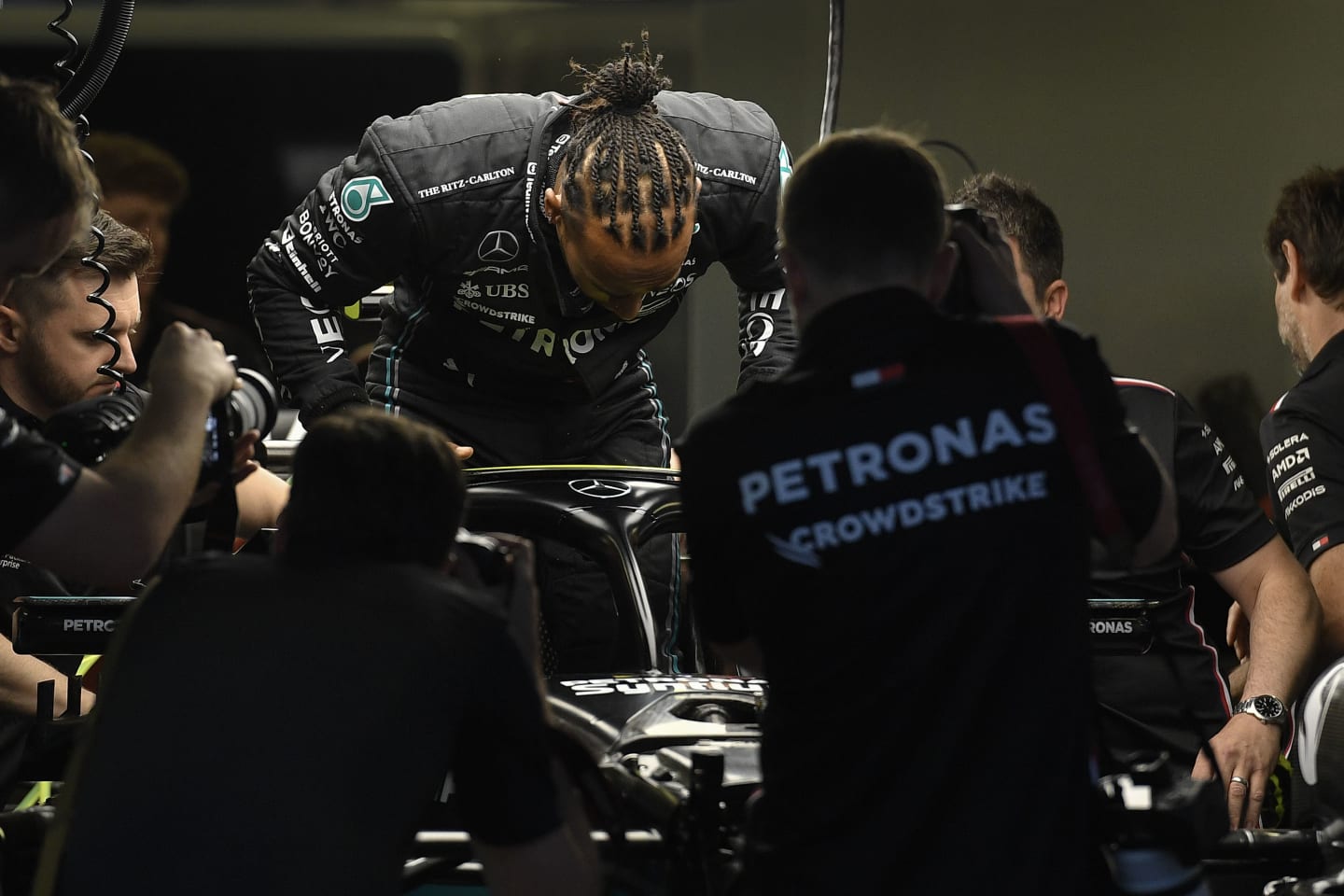 BAKU, AZERBAIJAN - APRIL 27: Lewis Hamilton of Great Britain and Mercedes-AMG PETRONAS F1 Team gets