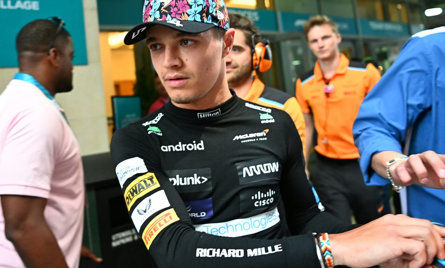 McLaren's British driver Lando Norris heads to the garage before the 2023 Miami Formula One Grand Prix at the Miami International Autodrome in Miami Gardens, Florida, on May 7, 2023. (Photo by CHANDAN KHANNA / AFP) (Photo by CHANDAN KHANNA/AFP via Getty Images)