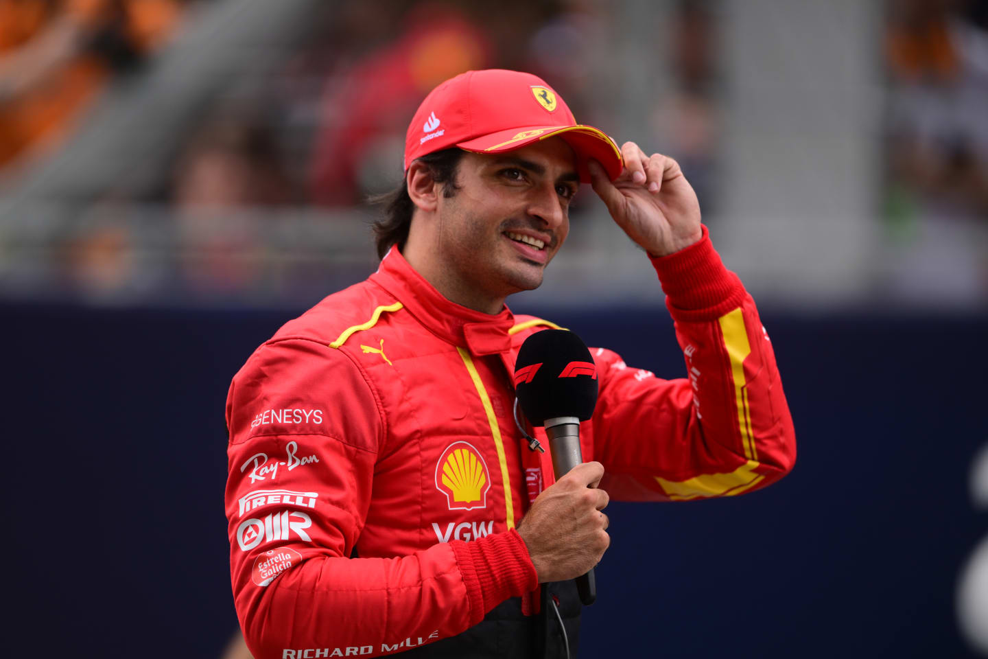 Carlos Sainz of Scuderia Mission Winnow Ferrari celebrate and say hello to the fans during qualifying of Spanish GP, 8th round of FIA Formula 1 World Championship in Circuit de Catalunya, Montmelo, Catalunya, Spain, 03/06/23 (Photo by Andrea Diodato/NurPhoto via Getty Images)