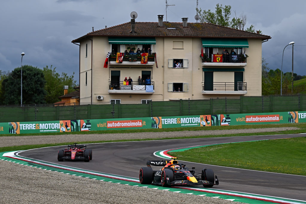 IMOLA, ITALY - APRIL 24: Sergio Perez of Mexico driving the (11) Oracle Red Bull Racing RB18 leads