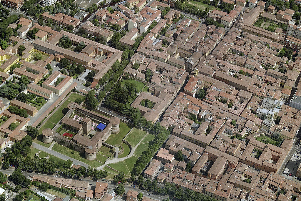 IMOLA, ITALY - JUNE 2008: An aerial image of Rocca Sforzesca, Imola (Photo by Blom UK via Getty