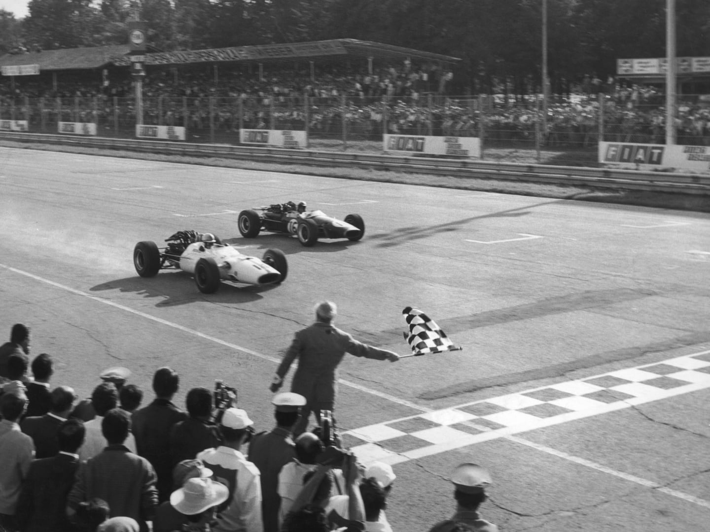 John Surtees narrowly beat Jack Brabham to the chequered flag at Monza in 1967