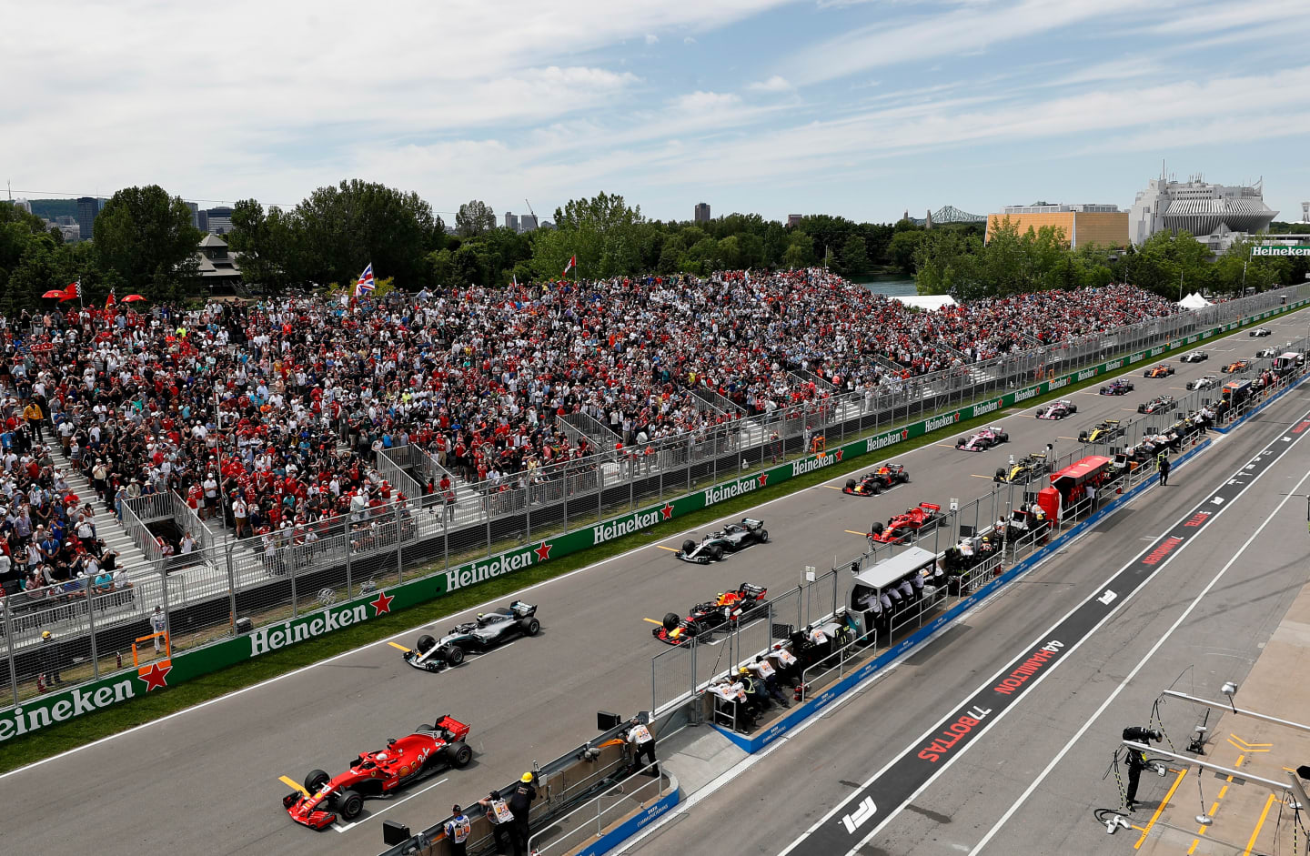 MONTREAL, QC - JUNE 10: Sebastian Vettel of Germany driving the (5) Scuderia Ferrari SF71H leads