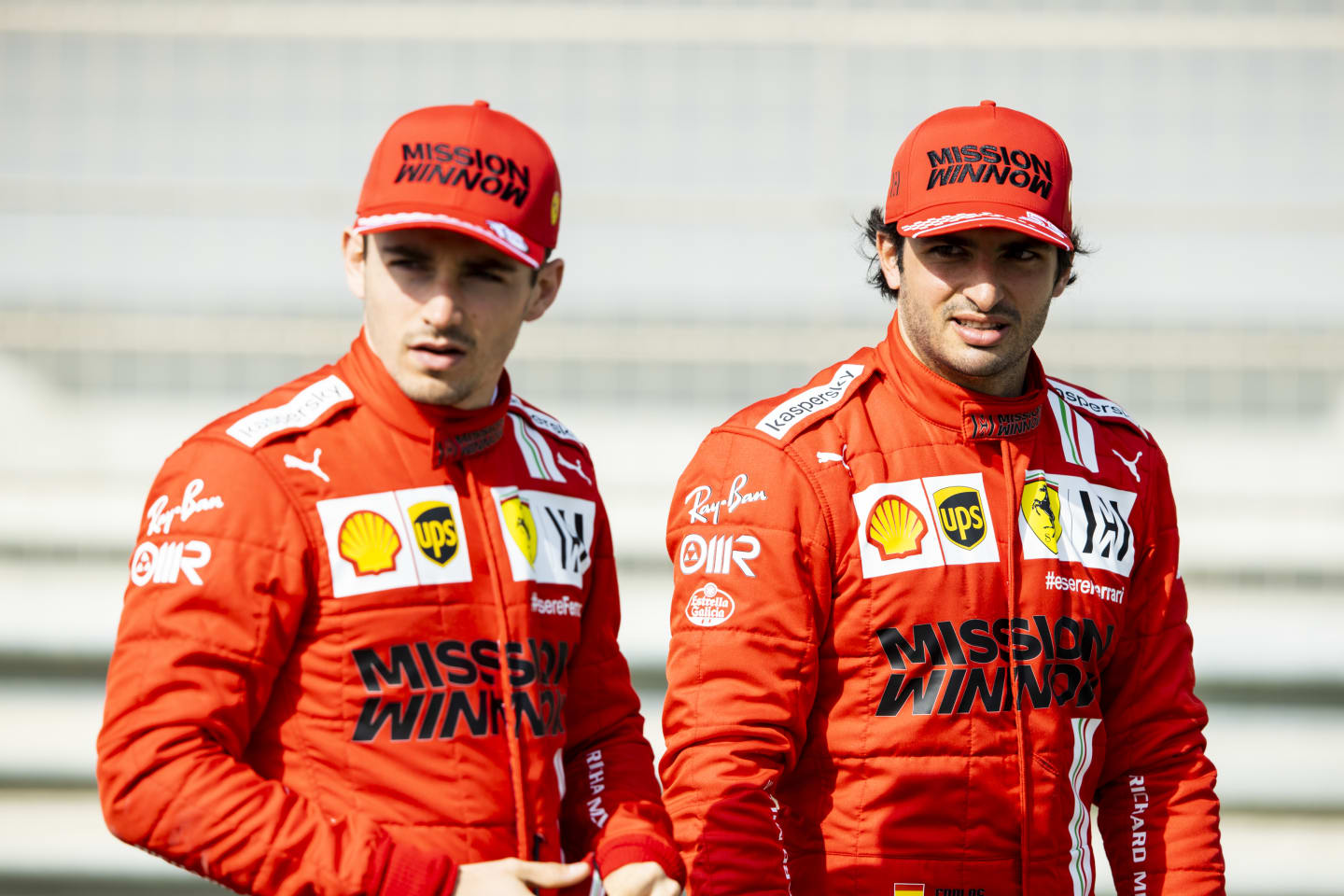 BAHRAIN, BAHRAIN - MARCH 12: Carlos Sainz of Spain and Ferrari and Charles Leclerc of Monaco and
