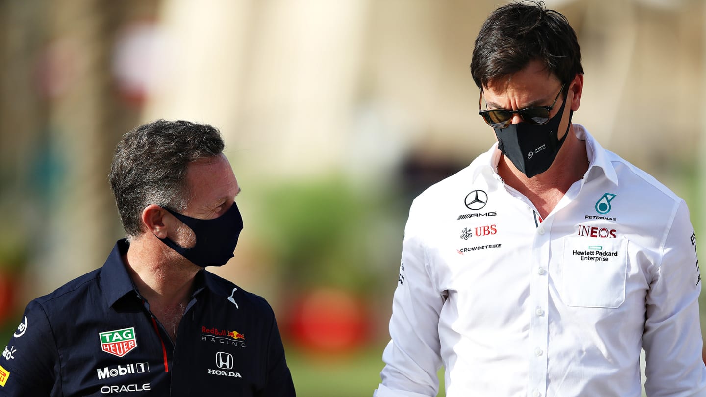 BAHRAIN, BAHRAIN - MARCH 26: Red Bull Racing Team Principal Christian Horner and Mercedes GP