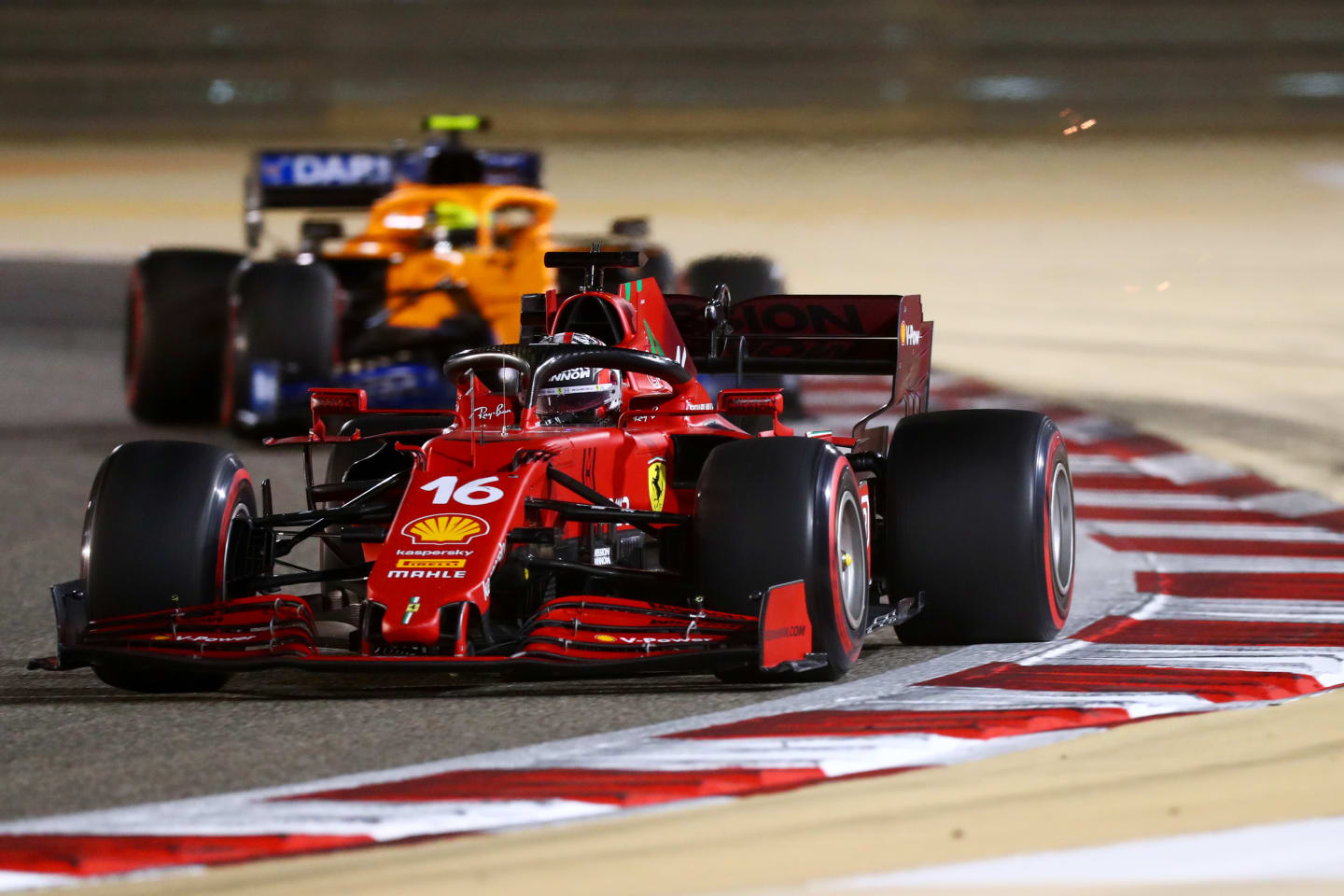 BAHRAIN, BAHRAIN - MARCH 28: Charles Leclerc of Monaco driving the (16) Scuderia Ferrari SF21 ahead