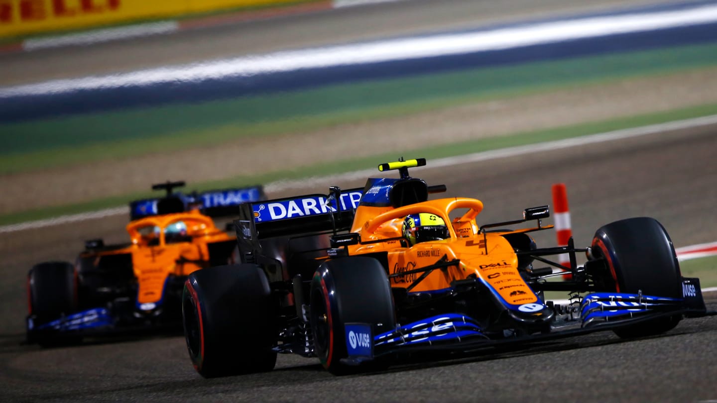 Lando Norris, McLaren MCL35M, leads Daniel Ricciardo, McLaren MCL35M
front