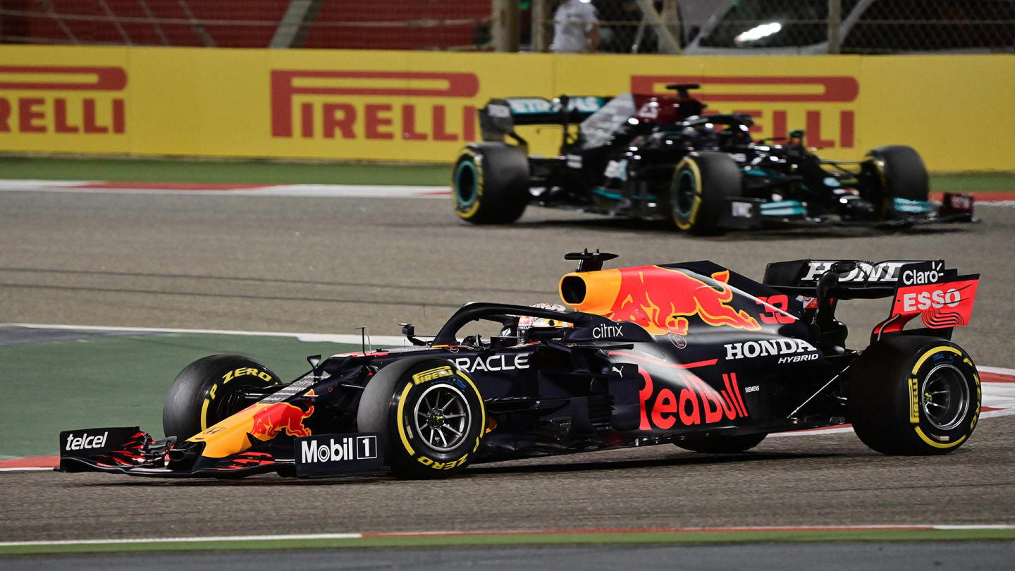 Red Bull's Dutch driver Max Verstappen leads Mercedes' British driver Lewis Hamilton during the